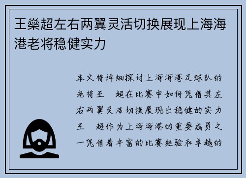 王燊超左右两翼灵活切换展现上海海港老将稳健实力
